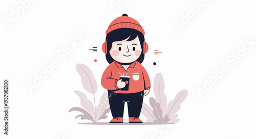 Adorable cartoon character in winter attire with headphones and drink
