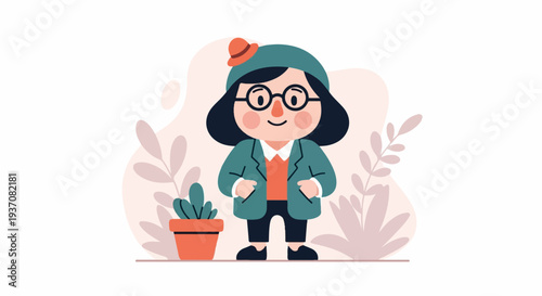 A stylized, cartoonish figure with dark hair, glasses, and a hat, wearing a blazer and holding hands in pockets