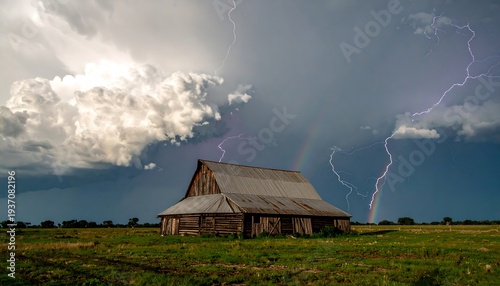 An aged wooden structure sits amidst a grassy field, with dramatic lightning illuminating a stormy sky. A double rainbow arches across the scene