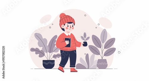 Whimsical character in beanie tends to potted plants with modern aesthetic