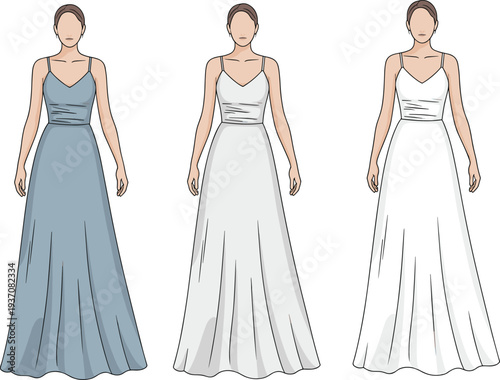 Three women wearing long flowing dresses in blue and white colors standing side by side