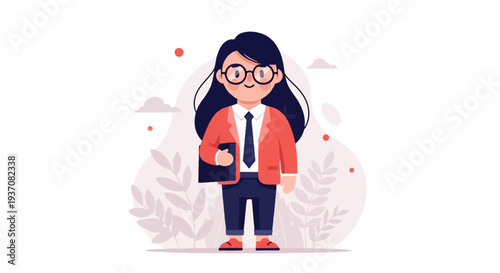 A stylized cartoon woman with dark hair, glasses, and formal attire, holds a folder