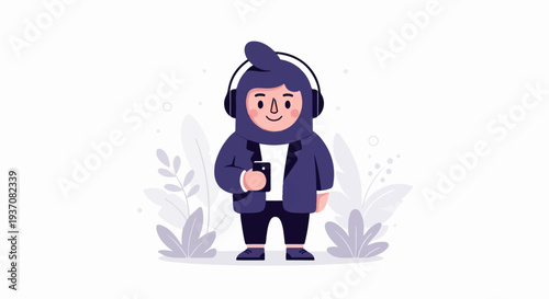 Cheerful cartoon character with headphones and phone amidst stylized foliage