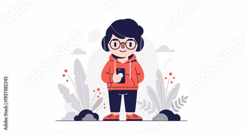 Playful animated figure wearing headphones, glasses, and a hoodie, holding a phone amidst stylized flora and clouds