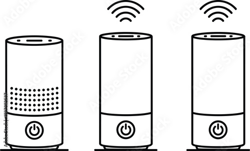 Smart speaker and voice assistant icon set featuring minimalist cylindrical designs with power buttons and wireless signal symbols in black and white line art vector.
