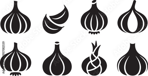 Black and white stylized onion and garlic in various shapes and forms