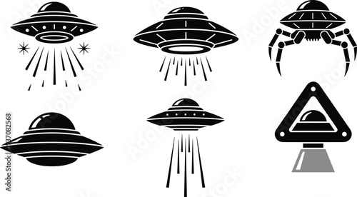 UFO alien spaceship silhouette icon set featuring flying saucers, abduction beams, sci-fi technology symbols isolated on white background for science fiction design, games, and vector illustrations