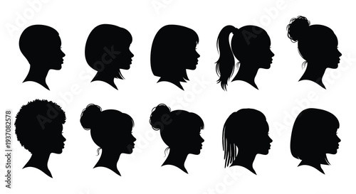 A collection of diverse female profile silhouettes displaying various hairstyles and facial features high quality professional