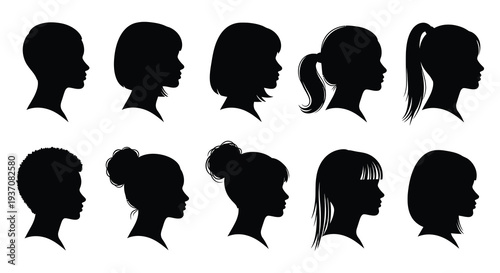 Collection of diverse female profile silhouettes showcasing various hairstyles and facial features high quality professional detailed