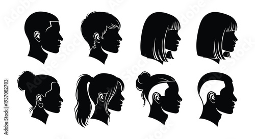 A collection of diverse female profile silhouettes showcasing various hairstyles and lengths high quality professional detailed