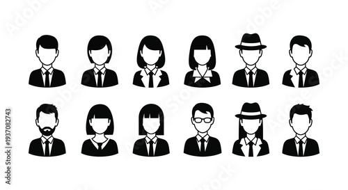 A collection of diverse black and white avatar icons depicting people with varying hairstyles and attire