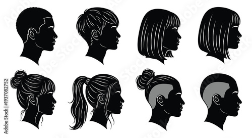Diverse collection of black silhouette profiles showcasing various hairstyles and facial features high quality professional detailed