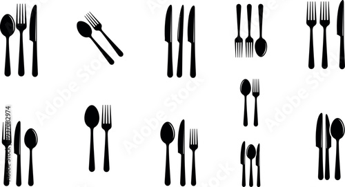 Cutlery silhouette icon set with fork knife and spoon, dining utensils collection, restaurant kitchen tableware symbols vector illustration isolated
