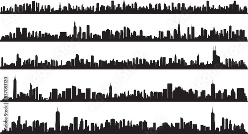 Set of 5 black city skyline silhouettes vector