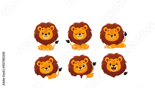 Cute Cartoon Lion Character Emoji Set Featuring Various Expressions Including Happy Winking Sleeping and Playful Poses for Childrens Stickers Social Media and Nursery Graphic Designs