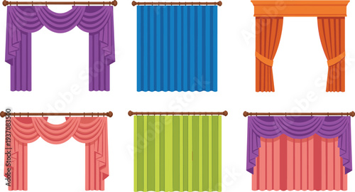 Colorful set of window curtains and drapes in various styles including classic swags valances and modern flat panels isolated on white background vector illustration.