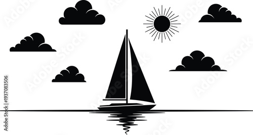 Black silhouette sailboat on water with sun and clouds in the sky sailing