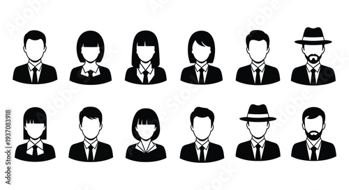 A collection of black silhouette icons depicting diverse people wearing suits and ties high quality professional