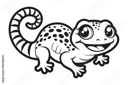 Smiling cartoon gecko with big eyes and curled tail welcomes viewers to its world