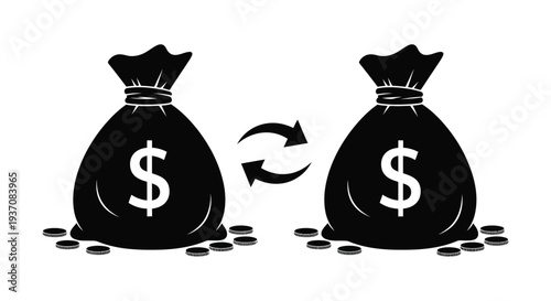 Two black bags filled with money connected by a curved arrow symbolizing financial exchange high quality
