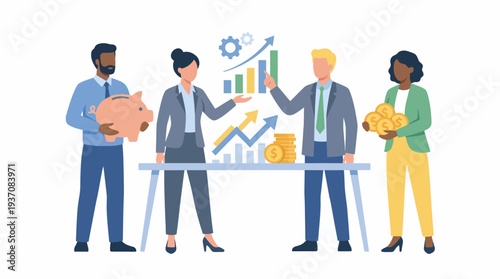 Collaborative business team working on a financial growth strategy, analyzing investments, and planning for wealth management and economic success