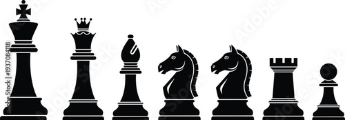 Black silhouette collection of chess pieces, king, queen, bishop, knight, rook, and pawn isolated on white background cad drawing flat vector illustration