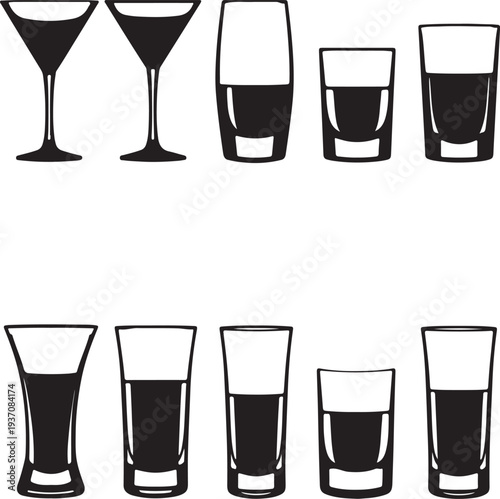Set of 10 black and white drink glasses vector icons