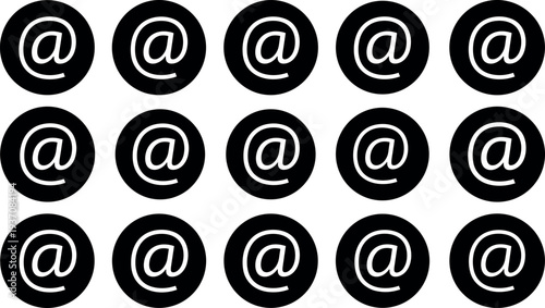 Email At Symbol Icon Set Featuring @ Sign in Circular Buttons for Contact Information, Online Communication, Messaging Apps, Websites, and Digital Interface Design