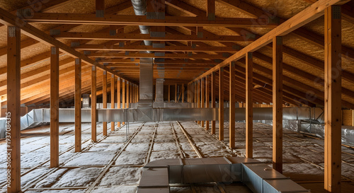 HVAC Air Duct System Installed in Residential Attic with Wooden Framing