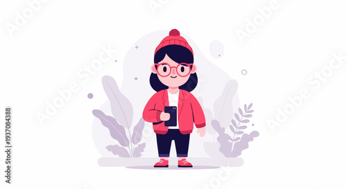 Young person in red jacket, beanie, glasses, holding a phone, with pastel leaves