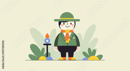 Cheerful figure in green safari outfit with scarf and hat, by stylized plants