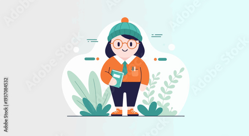 A cute cartoon character in a green hat, orange shirt, and blue pants holds a book, surrounded by plants and abstract shapes