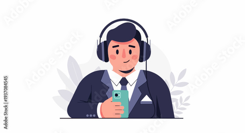 A person in a suit wearing headphones and holding a phone
