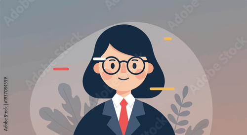 Friendly, professionally dressed person with glasses, wearing a suit and tie, set against a textured background