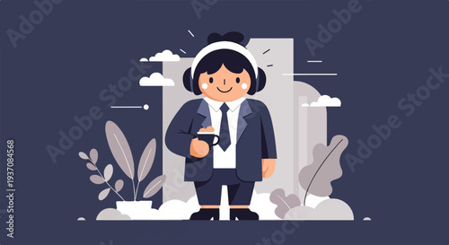 Cheerful person in headphones holding coffee, surrounded by abstract plants and clouds