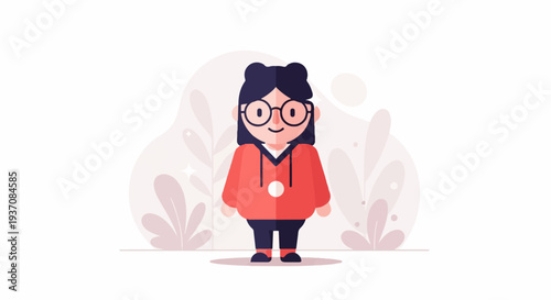 A cheerful person with dark hair styled in two buns, wearing large round glasses and a red hoodie