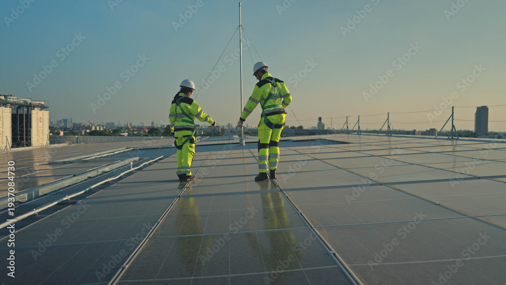 Obraz premium Male and female engineers inspecting rooftop solar panels on a modern building