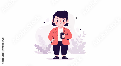 A cartoon person in a red jacket and dark pants holds a smartphone, with plants and dots in background