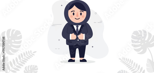 A person in a suit and headscarf stands against a light background with leafy accents