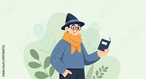 A character with a hat and scarf reads a book amidst soft, abstract greenery