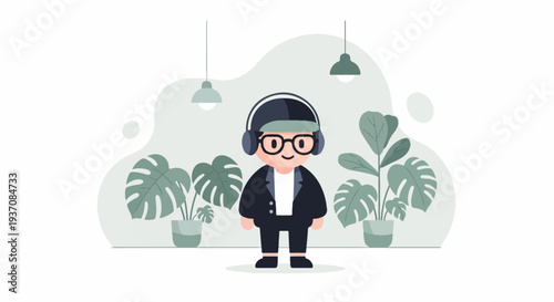 Cheerful person wearing headphones and glasses, surrounded by potted plants