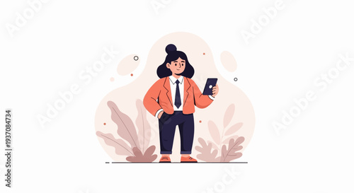 A cartoon woman in a suit holds a phone amidst abstract shapes and plants
