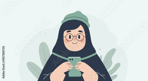 A cartoon person with glasses and a hat holds a phone