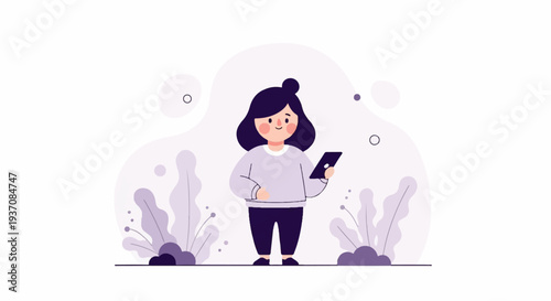 A cute cartoon girl in a lavender sweater and dark pants holds a tablet device, surrounded by stylized purple plants and abstract shapes against a white backdrop
