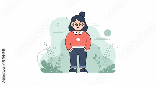 Stylized illustration of a woman with glasses and a bun, wearing a coral sweater and dark pants