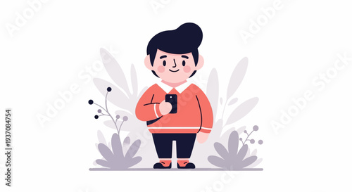 Whimsical cartoon character engrossed in a smartphone amidst stylized flora