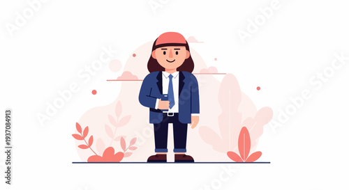 A flat illustration of a person in business attire against a backdrop of soft pink flora