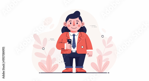Stylized person in business attire holding a smartphone with decorative plants