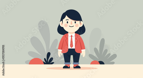 Stylized cartoon character in business attire, standing amidst abstract flora