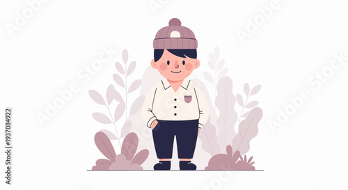 A cartoon boy in a beanie and collared shirt stands with one hand in his pocket, surrounded by abstract plants